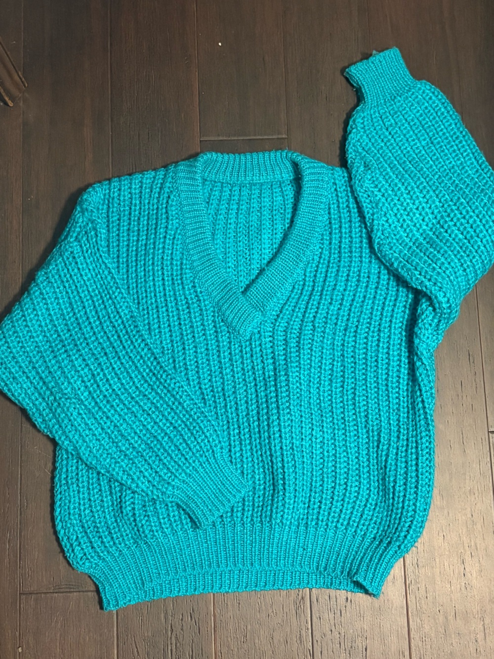 Vintage Bright Teal Ribbed Knit Women’s Sweater